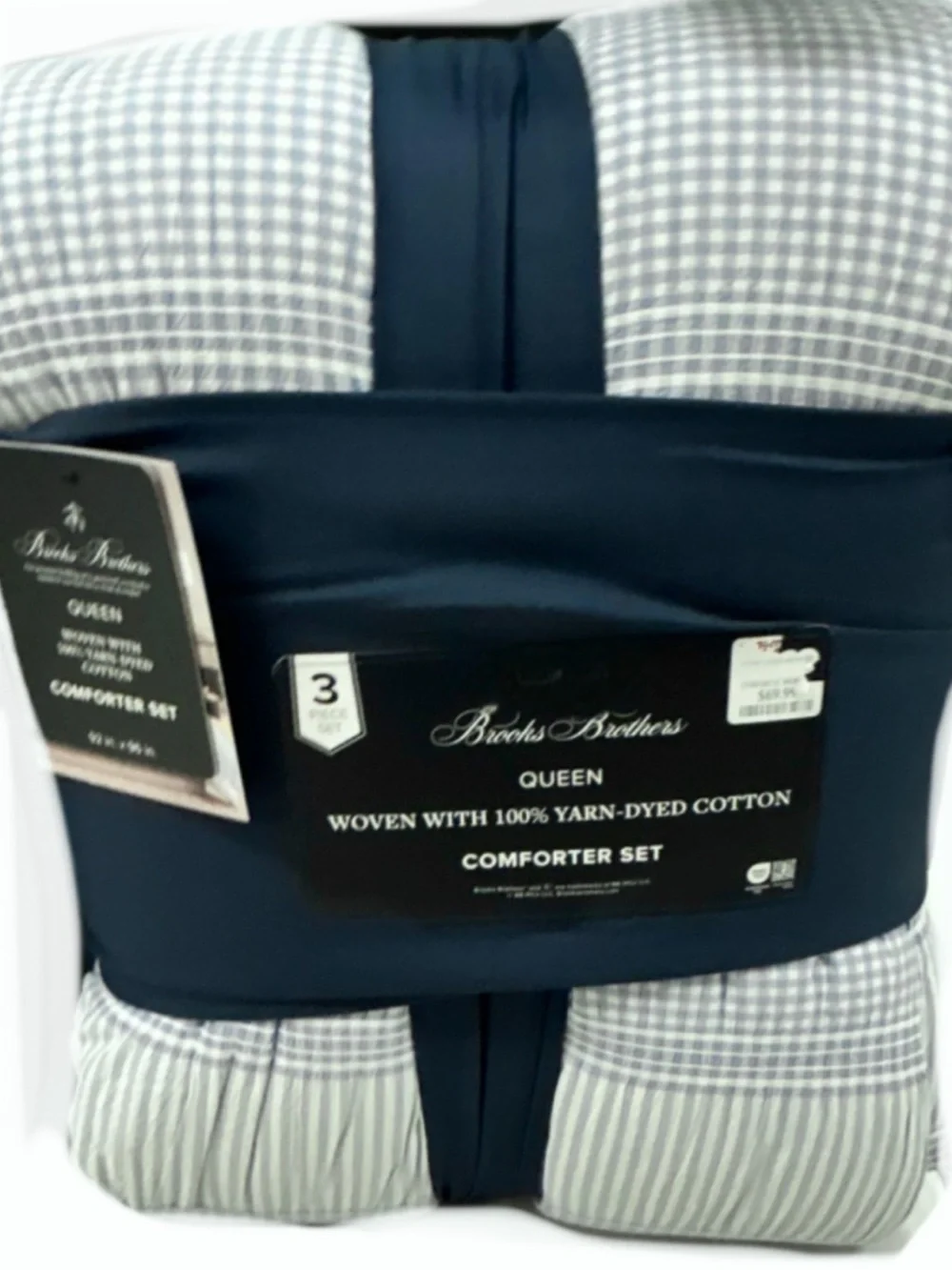 Brooks Brothers Blue and White Checkered Full/Queen Cotton Comforter Set 88”x96”